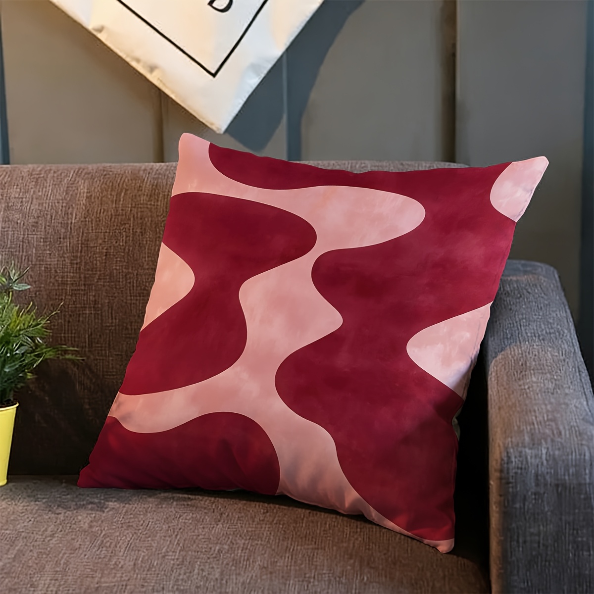 Pillow Cover 20X20 - ปลอกหมอนอิงลายศิลปะนามธรรมสีชมพูเบอร์กันดี สไตล์สแกนดิเนเวียน สองด้าน ลายเรขาคณิตทันสมัย สำหรับตกแต่งโซฟาและบ้าน