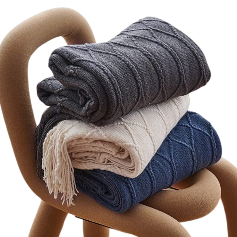 Throw Blanket Chunky Knit - ผ้าห่มถักลายวินเทจสีกากี เทา น้ำเงิน พร้อมพู่ตกแต่ง ผ้าห่มหนานุ่มสบาย สไตล์นอร์ดิก