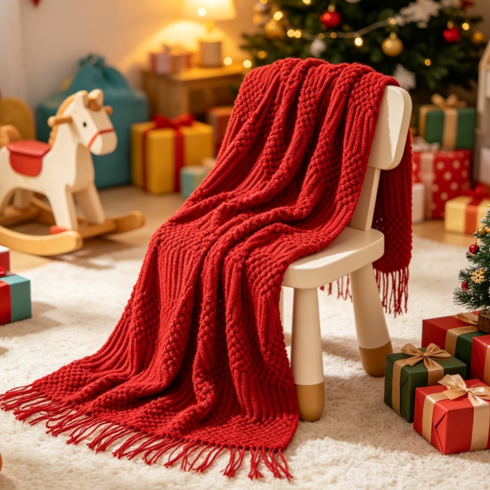 Throw Blanket Chunky Knit - ผ้าห่มถักลายโบโฮสีแดง ผ้าคลุมเตียงหรูหราสไตล์วินเทจ ผ้าคลุมโซฟาขนาดใหญ่ ของขวัญคริสต์มาส