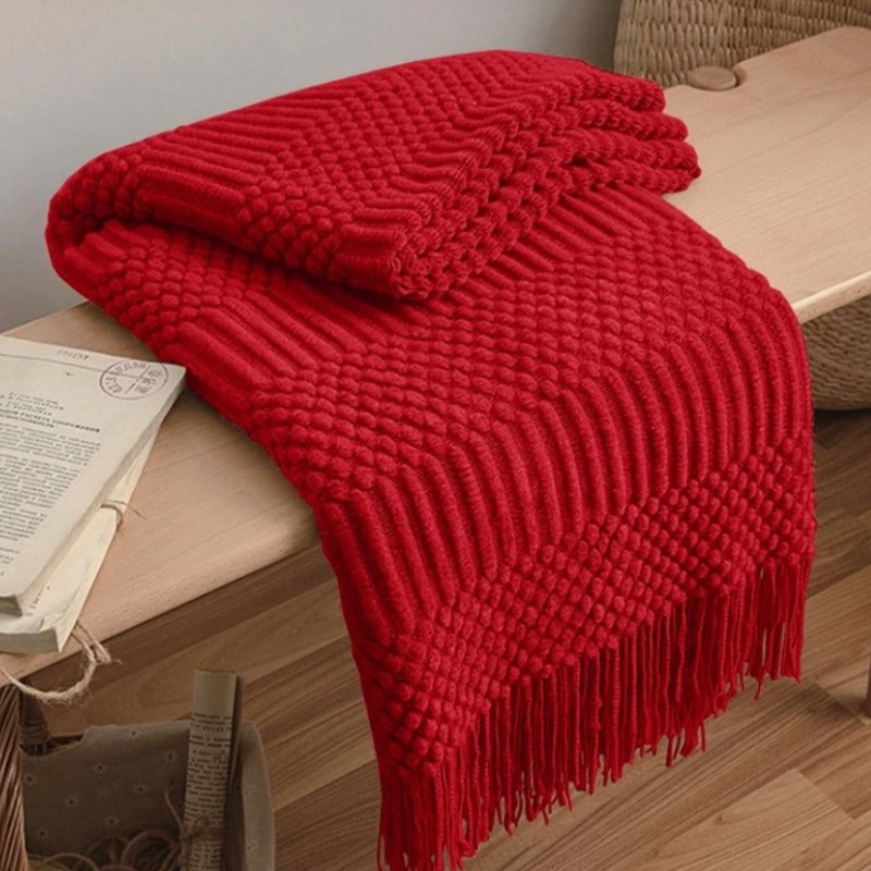 ผ้าห่มถักลายโบโฮสีแดง ผ้าคลุมเ - Throw Blanket Chunky Knit บทวิจารณ์และราคา