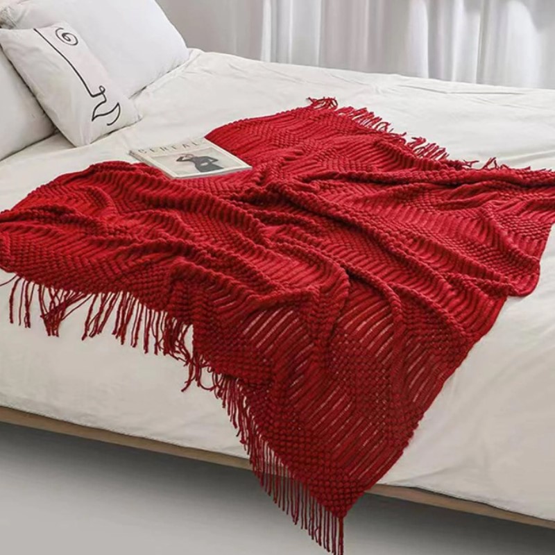 ผ้าห่มถักลายโบโฮสีแดง ผ้าคลุมเ - Throw Blanket Chunky Knit บทวิจารณ์และราคา